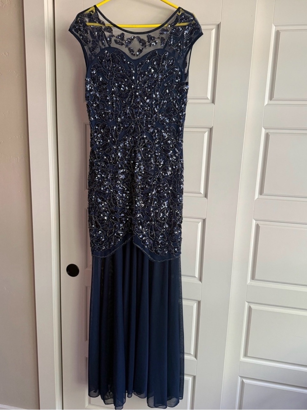 Embellished Navy Maxi Dress with Sheer Yoke